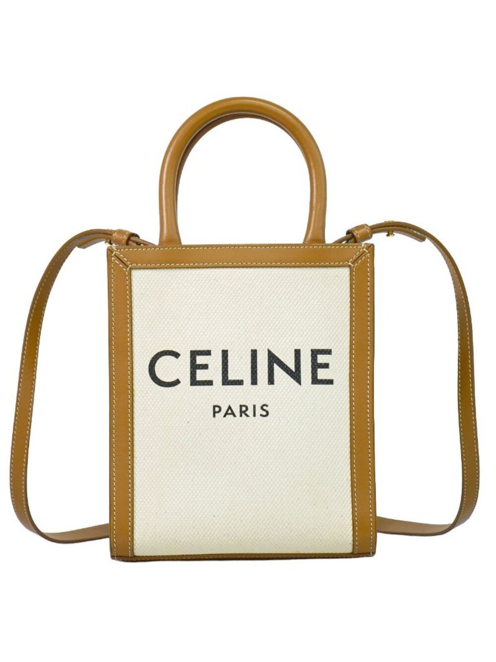 Celine Mini Vertical Cabas 2-Way Shoulder Bag Tote Pochette Canvas White Brown